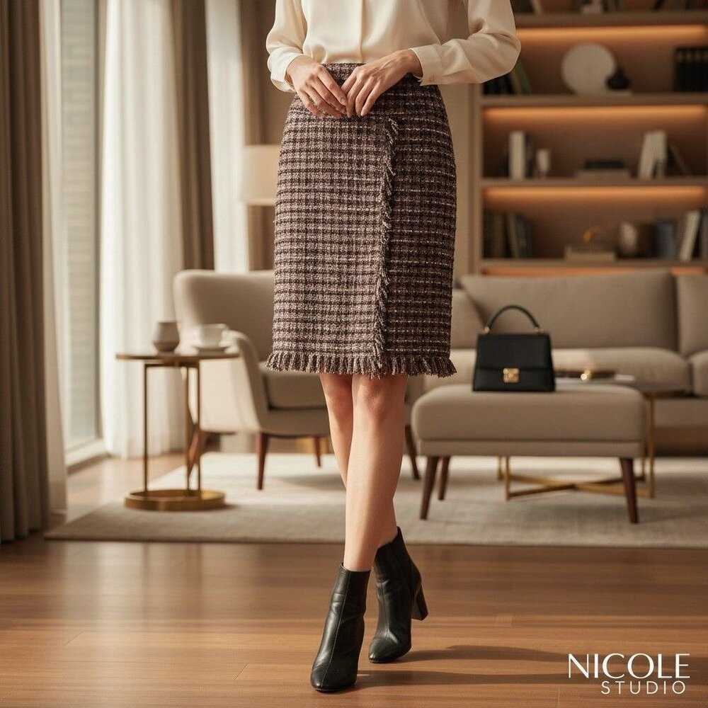 Nicole Studio Tweed Fringe Pencil Skirt Size 10 Multicolor Acrylic Polyester Ble